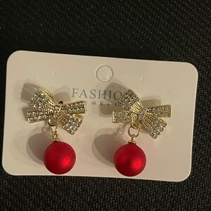 Gold and Red Bow Earrings
